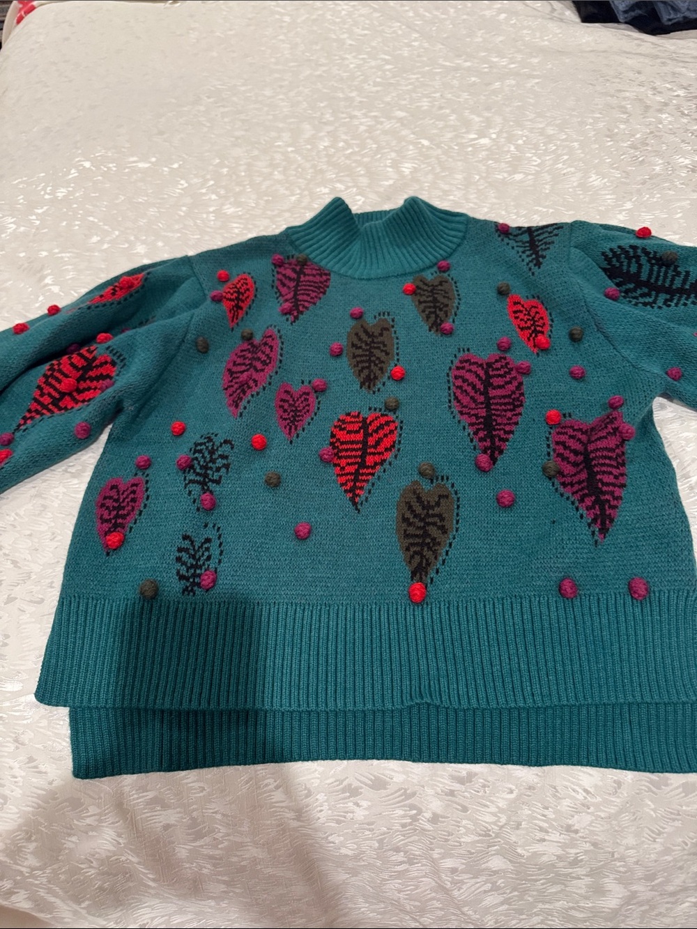 FARM Rio Teal Knit Turtleneck Sweater with Red, Pink & Brown leafs